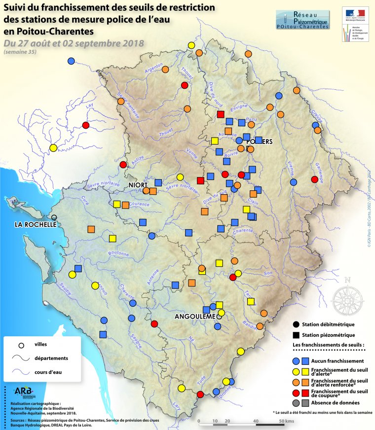Suivi du franchissement des seuils de restriction des stations de mesure police de l'eau en Poitou-Charentes, du 27 août au 02 septembre 2018