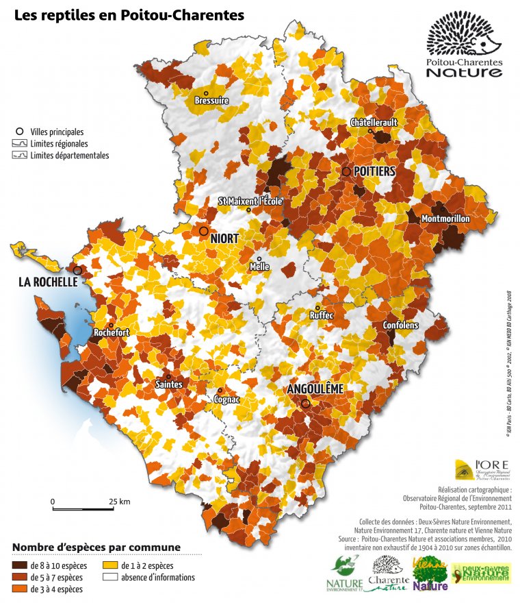 Les reptiles en Poitou-Charentes - Nombre d'espèces par commune - 2010