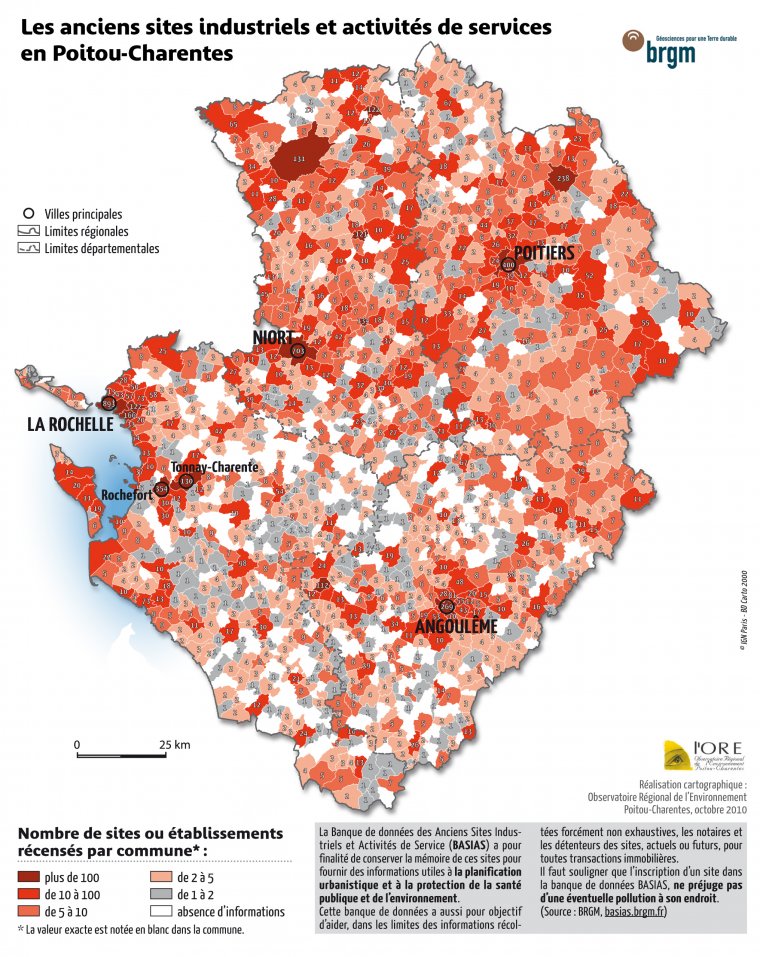 Les anciens sites industriels et activités de service recensés dans le BASIAS en Poitou-Charentes - Nombre de sites par commune