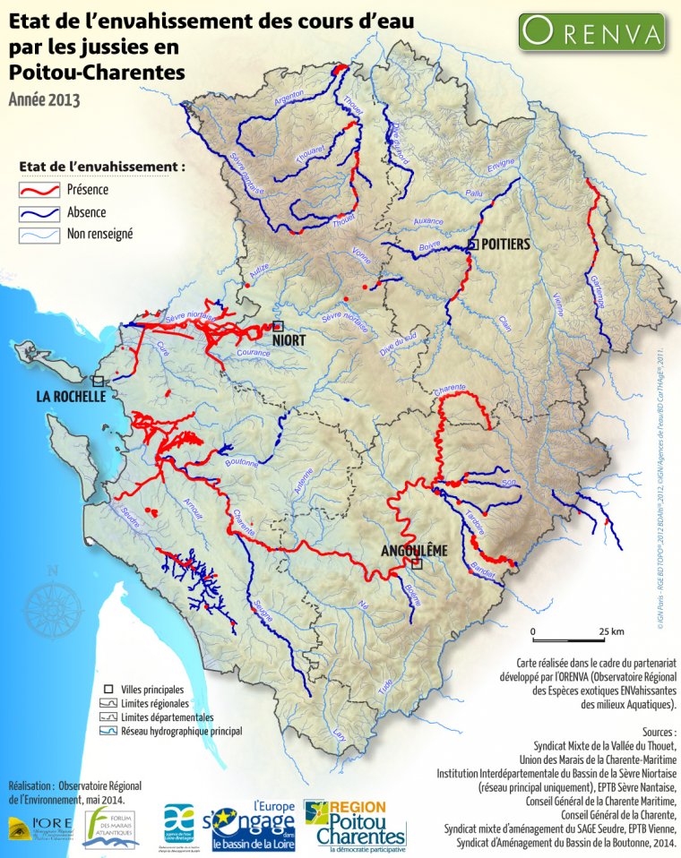Synthèse de l'état d'envahissement des cours d'eau par les jussies en Poitou-Charentes en 2013