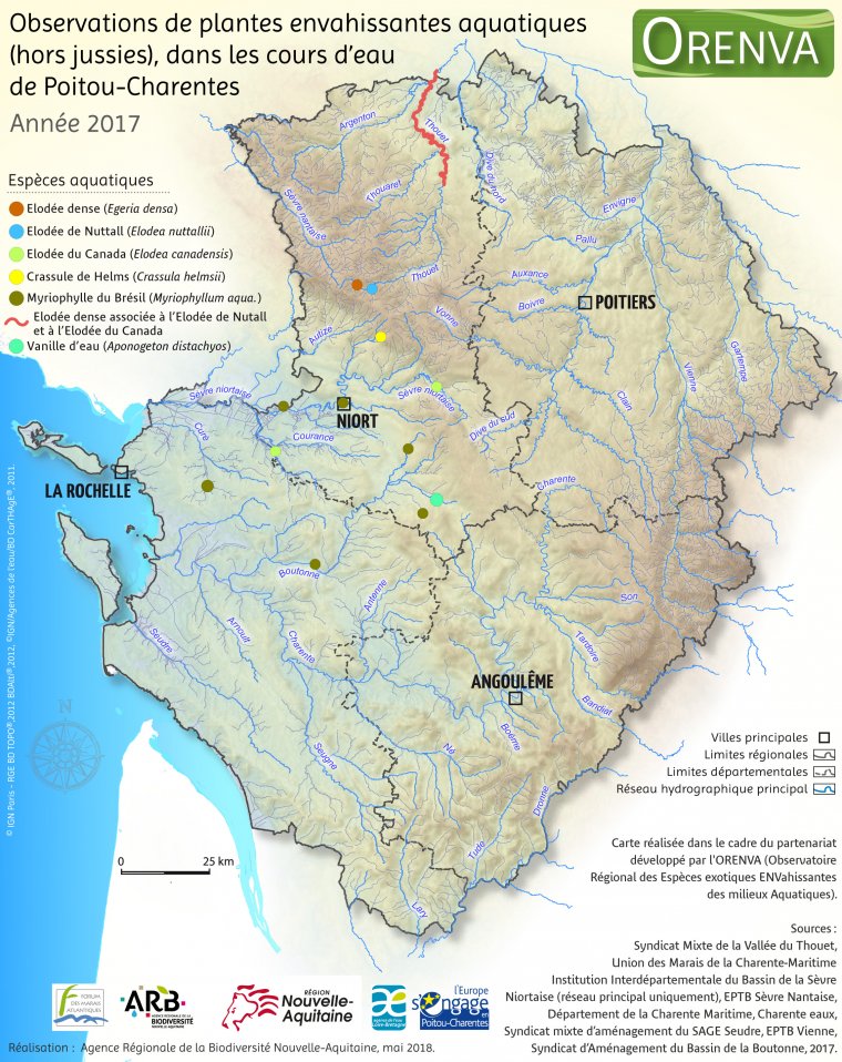 Observations de plantes envahissantes aquatiques (hors jussies) dans les cours d'eau de Poitou-Charentes, en 2017