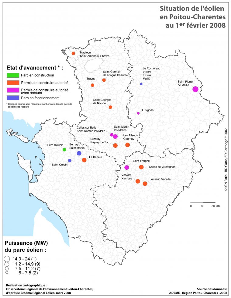 Etat d'avancement de la création de parcs éoliens en février 2008 en Poitou-Charentes