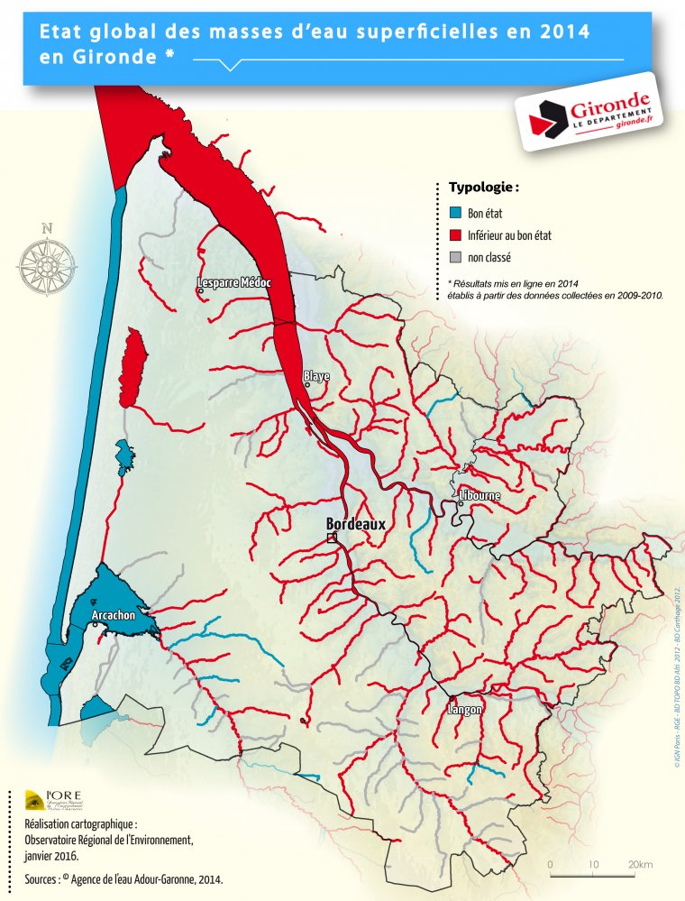 Etat global des masses d'eau superficielles en 2014 en Gironde